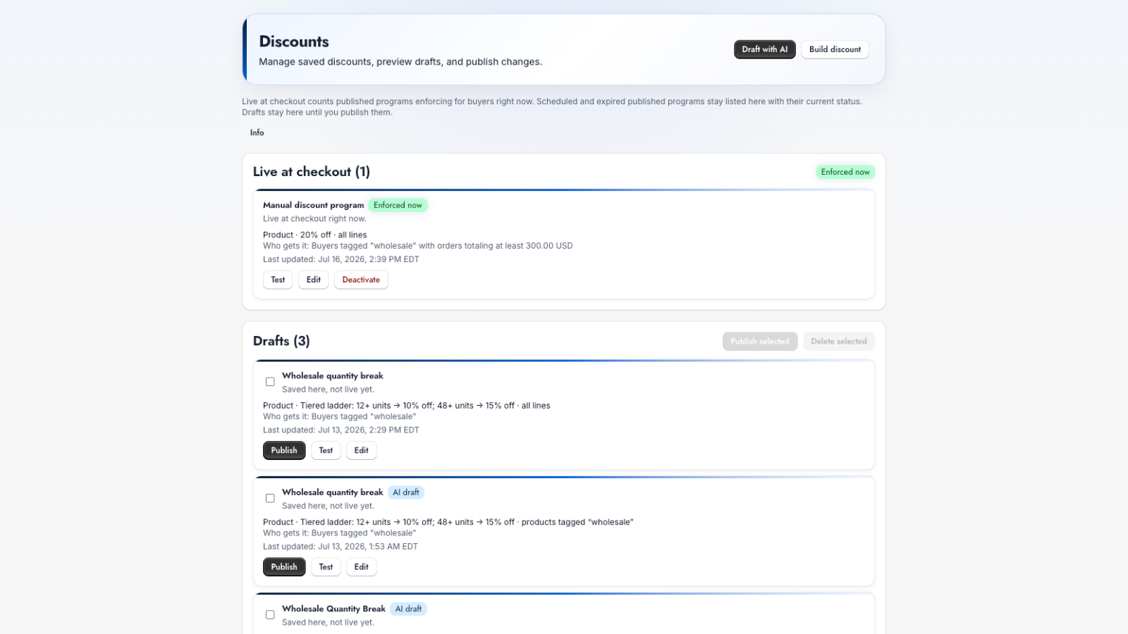 Checkout AI: B2B Discounts running in the Shopify admin